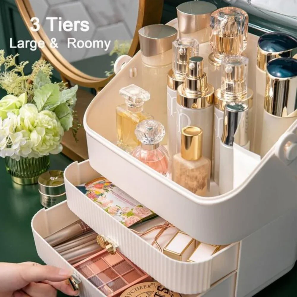 Preppy Skincare Organizer, 3-Tier Ivory White Makeup Box with Drawers & Handle